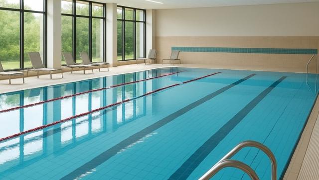 Hallenbad mit leerem Schwimmbecken und Liegestühlen an der Seite